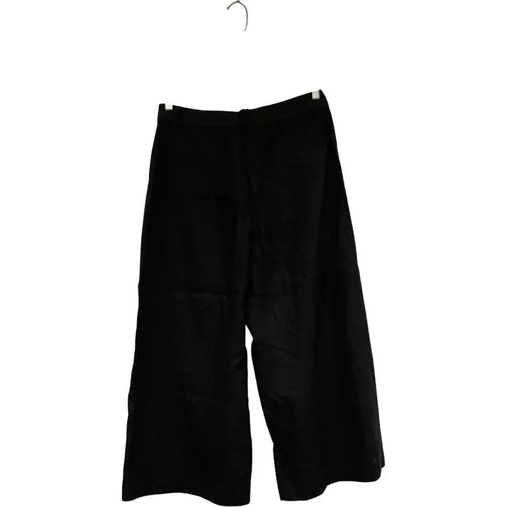 Zara Women Cropped Trouser Pants Large Black Wide Leg Viscose Linen 2845/722 NWT